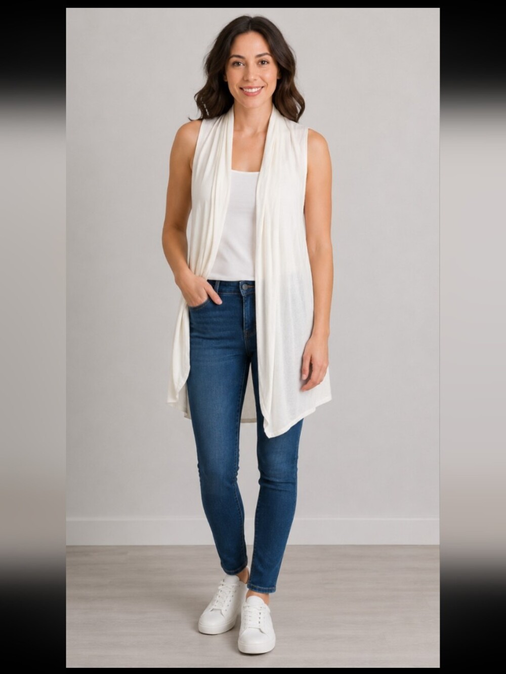 SAINT TROPEZ WEST Draped Sleeveless Long Cardigan